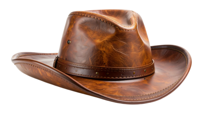 Studio shot of a brown, weathered leather cowboy hat with subtle stitching details