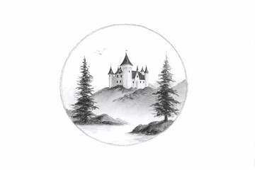 Castle and pine trees pencil sketch in circular frame