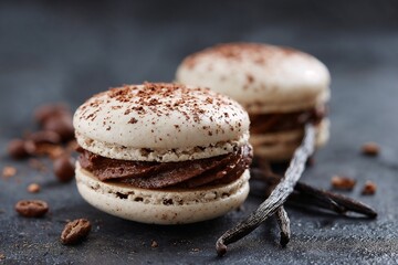 Chocolate macarons with cocoa powder and vanilla beans