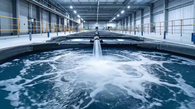 Water treatment facility with large circular tanks and flowing water, industrial process.