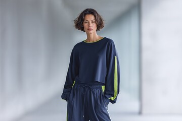 Young woman in sporty outfit posing in modern hallway