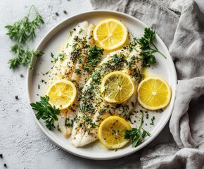 baked white fish with fresh herbs and lemon slices