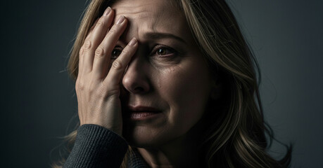 Dramatic low-key portrait of a woman experiencing profound tearful relief while covering her face