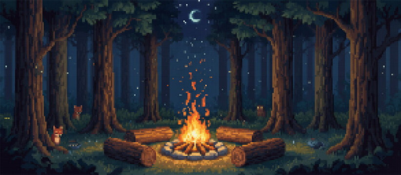 Charming pixel art illustration of forest animals, an owl and two foxes, gathered around a crackling campfire under a starry night sky in a serene forest