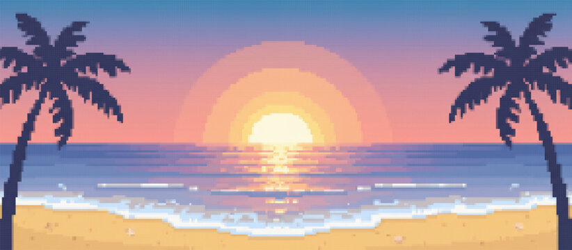 Vibrant pixel art sunset over a tranquil tropical beach, with two palm trees framing the scene. Ocean waves gently kiss the sandy shore under a gradient sky