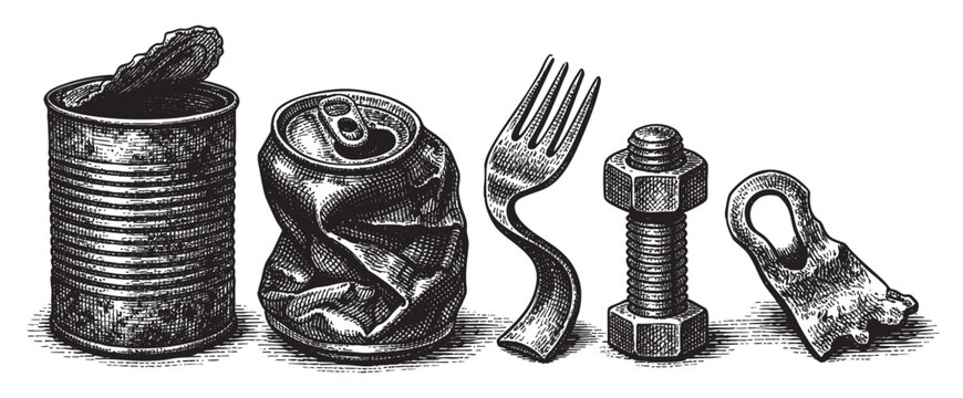 This black and white illustration features various discarded metal objects arranged in a row, including a dented tin can, a crumpled soda can, a bent fork, a bolt and nut, and a broken metal piece.