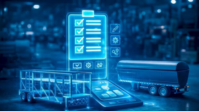 Smart logistics compliance checklist with connected truck fleet, freight tracking and data driven operations across supply networks