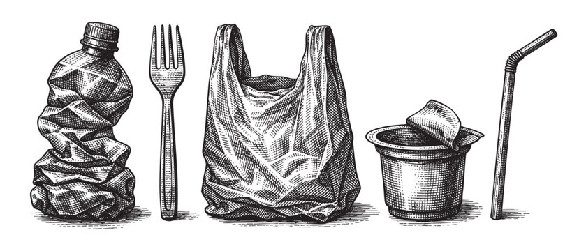 A detailed, engraved illustration of common disposable items, including a crushed plastic bottle, fork, plastic bag, cup, and straw, on a white background.