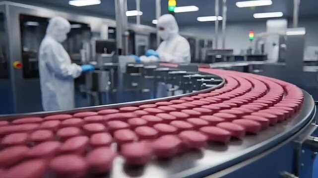 Medicine factory production animation showing pharmaceutical tablets moving on conveyor in sterile laboratory with quality control technology for healthcare manufacturing