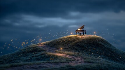 A grand piano sits illuminated atop a grassy hill under a moody sky, fairy lights dotting a path leading up to it