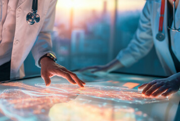 two medical professionals interacting with touch screen