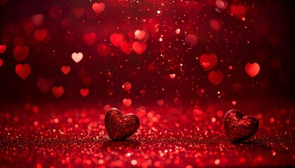 A shimmering red background filled with sparkling hearts and glittering particles, evoking romance