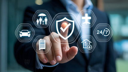 Businessman pointing to a security shield icon on a virtual interface screen with various insurance and protection symbols transparent background
