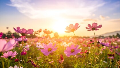 A vibrant field of pink flowers illuminated by a golden sunset against a clear sky