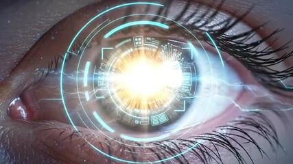 Artificial intelligence animation of human eye with digital interface showing biometric scan and futuristic vision for cyber security technology and business innovation - Powered by Adobe