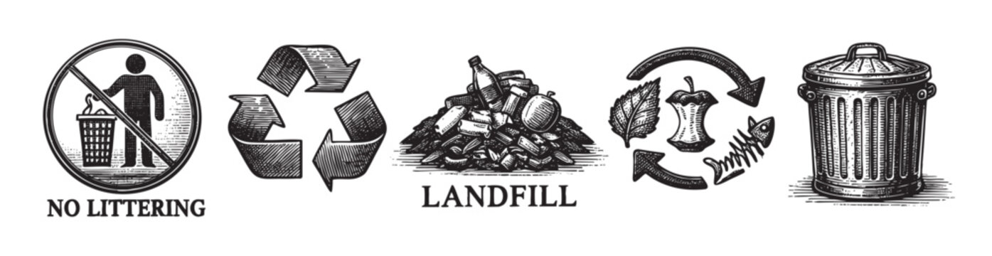 Collection of black and white graphic illustrations representing environmental issues like no littering, recycling, landfill waste, and trash cans.