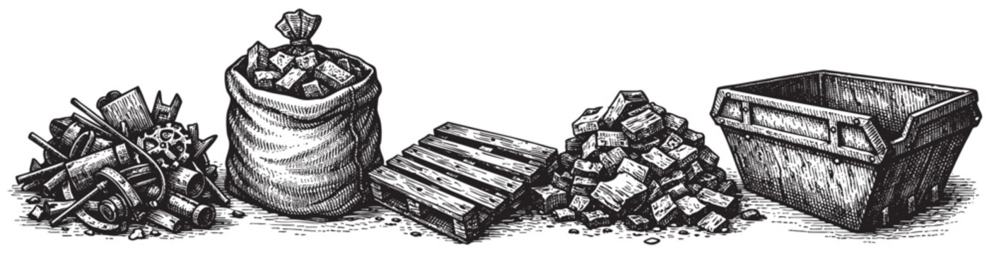 An illustrative black and white depiction of various types of scrap, including a pile of metal parts, a burlap sack filled with cubed material, broken wooden planks, rubble, and a large skip bin.
