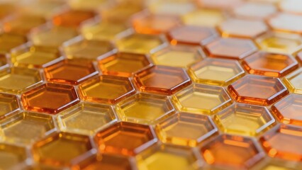Fototapeta premium Close-up view of honeycomb cells filled with golden honey, showcasing hexagonal patterns and natural texture.