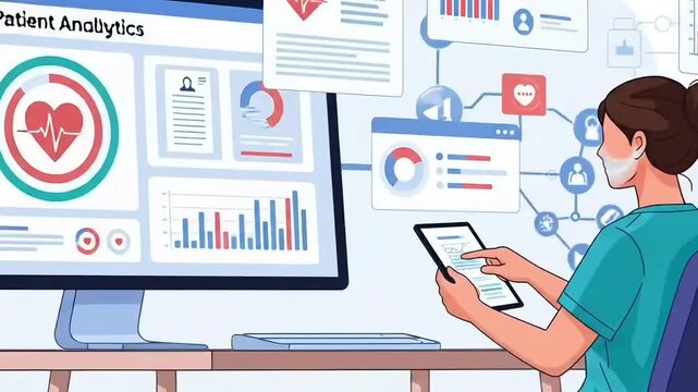 Healthcare patient analytics dashboard animation showing medical data charts digital hospital technology for doctor nurse clinic marketing training and health business use