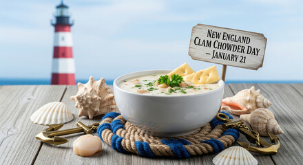 New England Clam Chowder Day with Lighthouse and Seashells January 21 anchors
