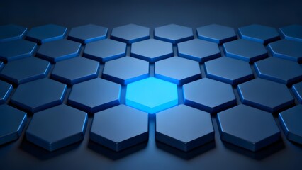 Hexagonal grid pattern with glowing blue center tile in a dark environment
