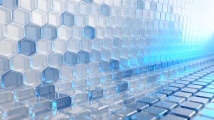 Obraz premium Abstract hexagonal grid pattern with blue lighting and reflective surfaces
