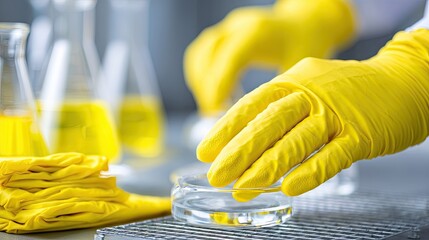 Laboratory Worker in Yellow Gloves Conducting Scientific Experiment with Petri Dish and Glassware