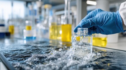 Laboratory Experiment with Scientist Conducting Water Analysis in Clear Glass Jar on Table Surface Surrounded by Various Chemicals