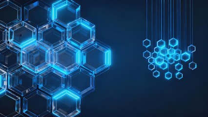 Blue hexagonal network structure with glowing edges and suspended geometric clusters against a dark background