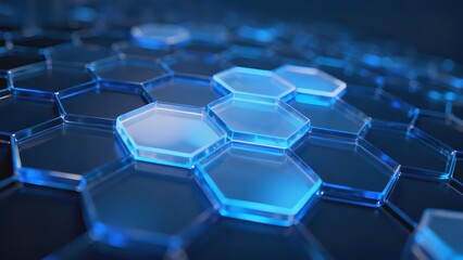 Abstract blue hexagonal grid structure with glowing edges and reflective surfaces