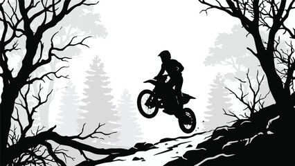 Silhouette of a dirt bike rider jumping over rocky terrain in a forest © StockStudio