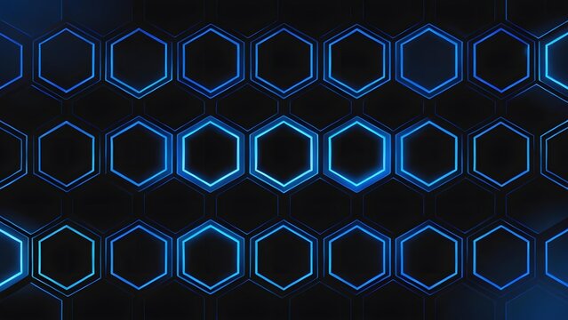 Blue neon hexagonal grid pattern on dark background - Powered by Adobe