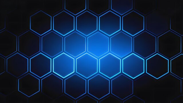 Abstract blue hexagonal grid pattern with glowing lines on a dark background - Powered by Adobe