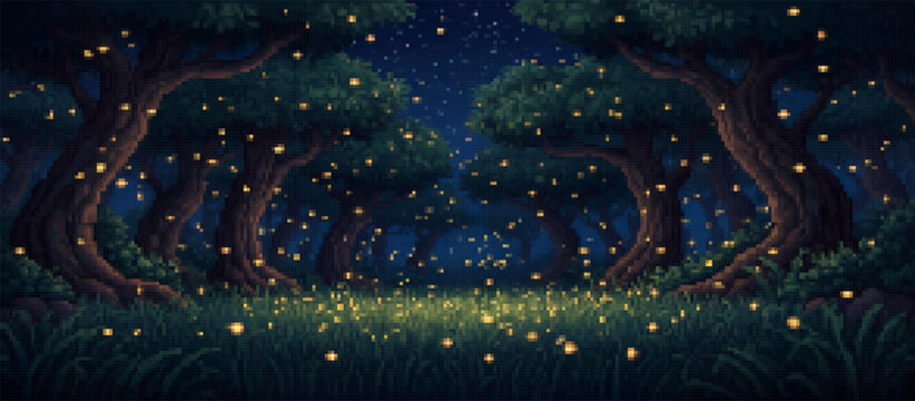 Enchanted pixel art forest scene at night, filled with glowing fireflies and magical lights illuminating the dark trees and lush grass. A serene, dreamy woodland