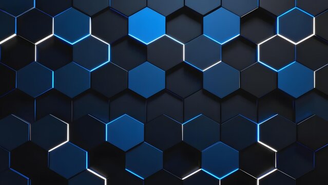 Abstract geometric pattern of blue hexagonal tiles with glowing edges on a dark background - Powered by Adobe
