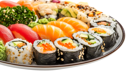Delicious assortment of sushi rolls and sashimi on a plate on transparent background. on transparent background