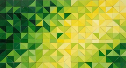 Vibrant green and yellow abstract geometric pattern wall made of triangular shapes in various shades and hues.