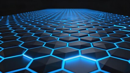 Naklejka premium A futuristic hexagonal grid with glowing blue lines on a dark surface, creating a dynamic and technological pattern.