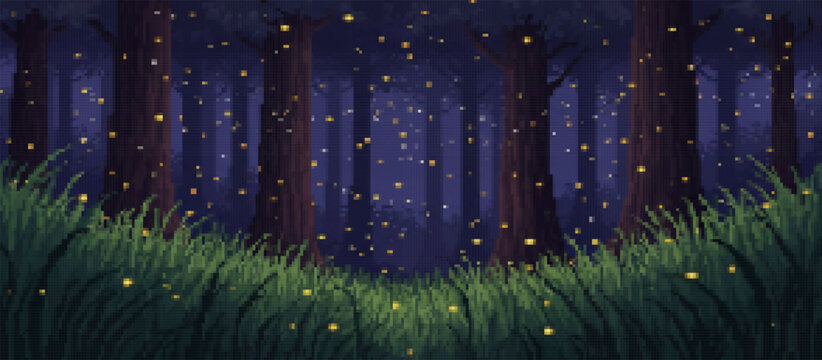 Enchanted pixel art forest scene at night, filled with glowing fireflies and magical lights illuminating the dark trees and lush grass. A serene, dreamy woodland