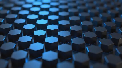 Fototapeta premium Hexagonal pattern of blue geometric shapes in a 3D arrangement with depth and lighting effects