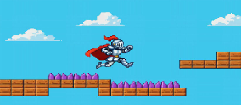Retro pixel art game scene featuring a superhero character jumping across platforms to collect a coin, while an enemy and fire threaten below in a classic 2D adventure