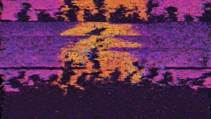 Retro Synthwave city skyline with glitch effect. 80s style animation of a sunset behind skyscrapers with VHS static. Cyberpunk background - Powered by Adobe