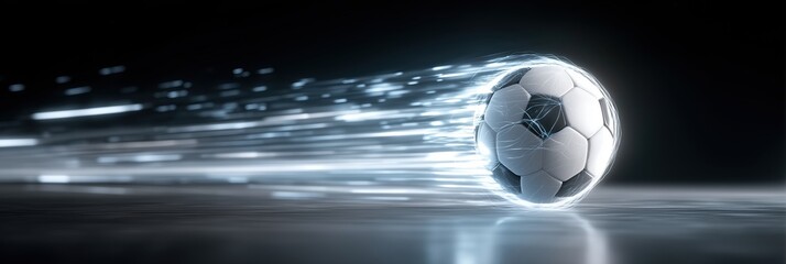 Soccer ball in rapid motion, illuminated by a bright, energetic light trail. Dark background emphasizes speed and dynamic action, perfect for sports themes