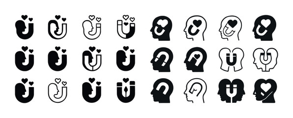 Magnet and head silhouettes with hearts icons set