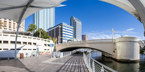 Tampa Riverwalk at Hillsborough River skyline with skyscrapers panorama in downtown Tampa, United States