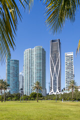 Miami skyline with skyscrapers real estate at Maurice A. Ferr&eacute; Park Florida vacation in Miami, United States
