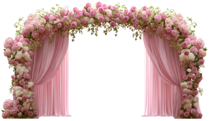 Lush floral arch draped with sheer pink fabric, perfect for weddings, set against a transparent background