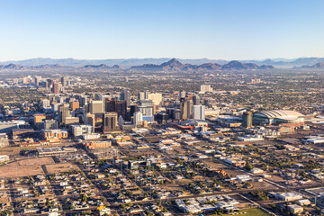 Phoenix Arizona skyline aerial view photo of downtown with skyscrapers from above in Phoenix, United States