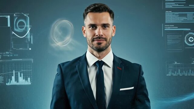 Cinematic 4K footage of a confident businessman in a tailored dark suit standing against a clean blue gradient background, looking directly at the camera with assertive expression, subtle smile, short