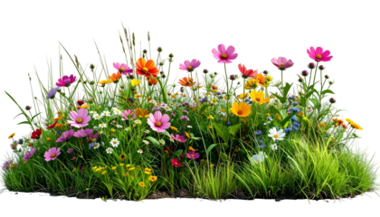 Vibrant wildflower meadow with diverse colors of blooming blossoms and lush green grass